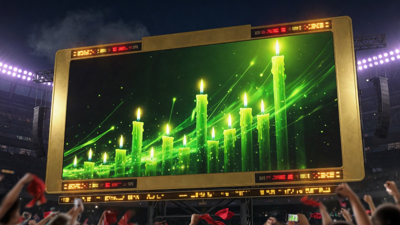 Night stadium jumbotron stacked with green candles